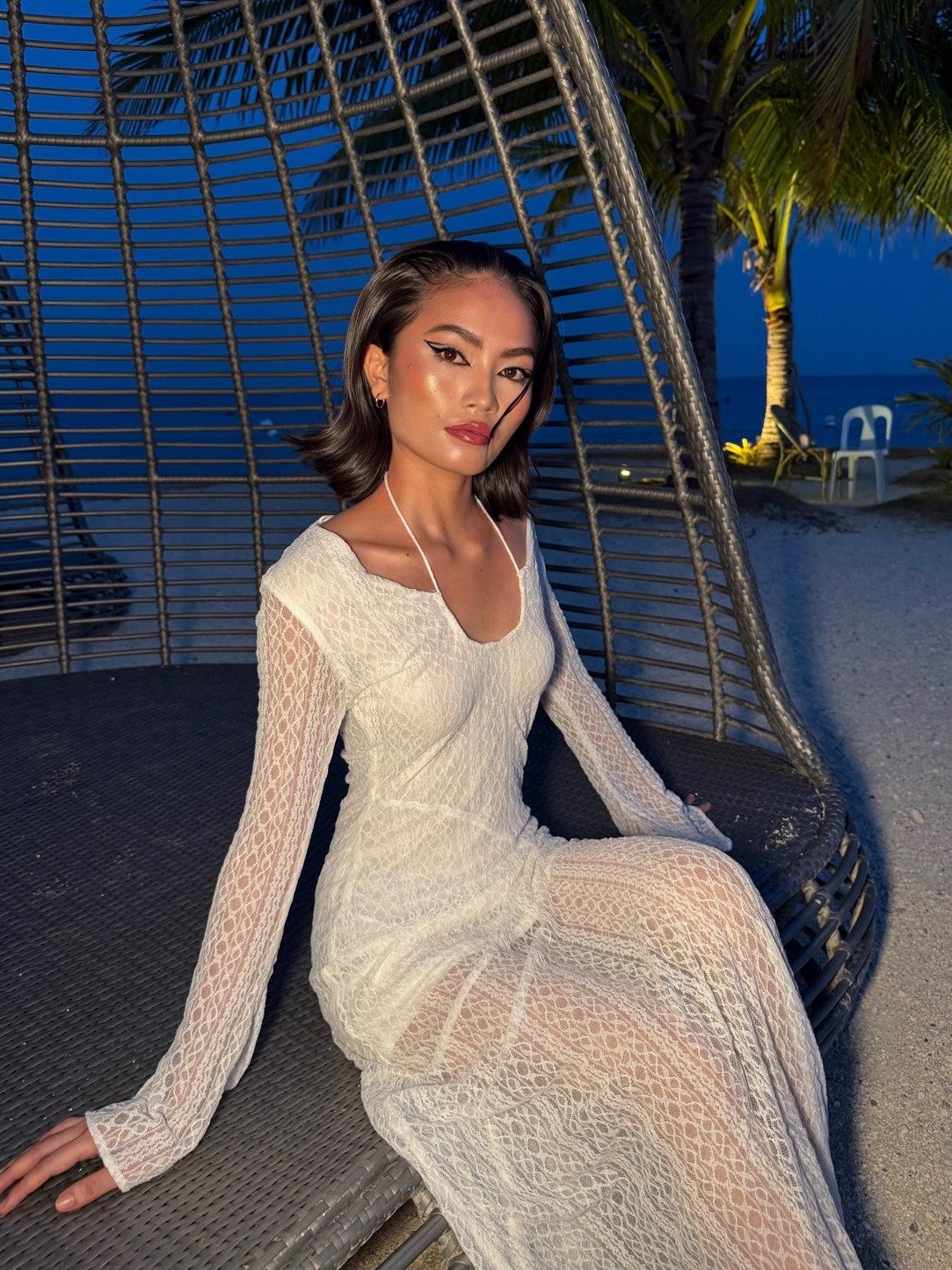 Editorial beauty at blue hour, resort setting
