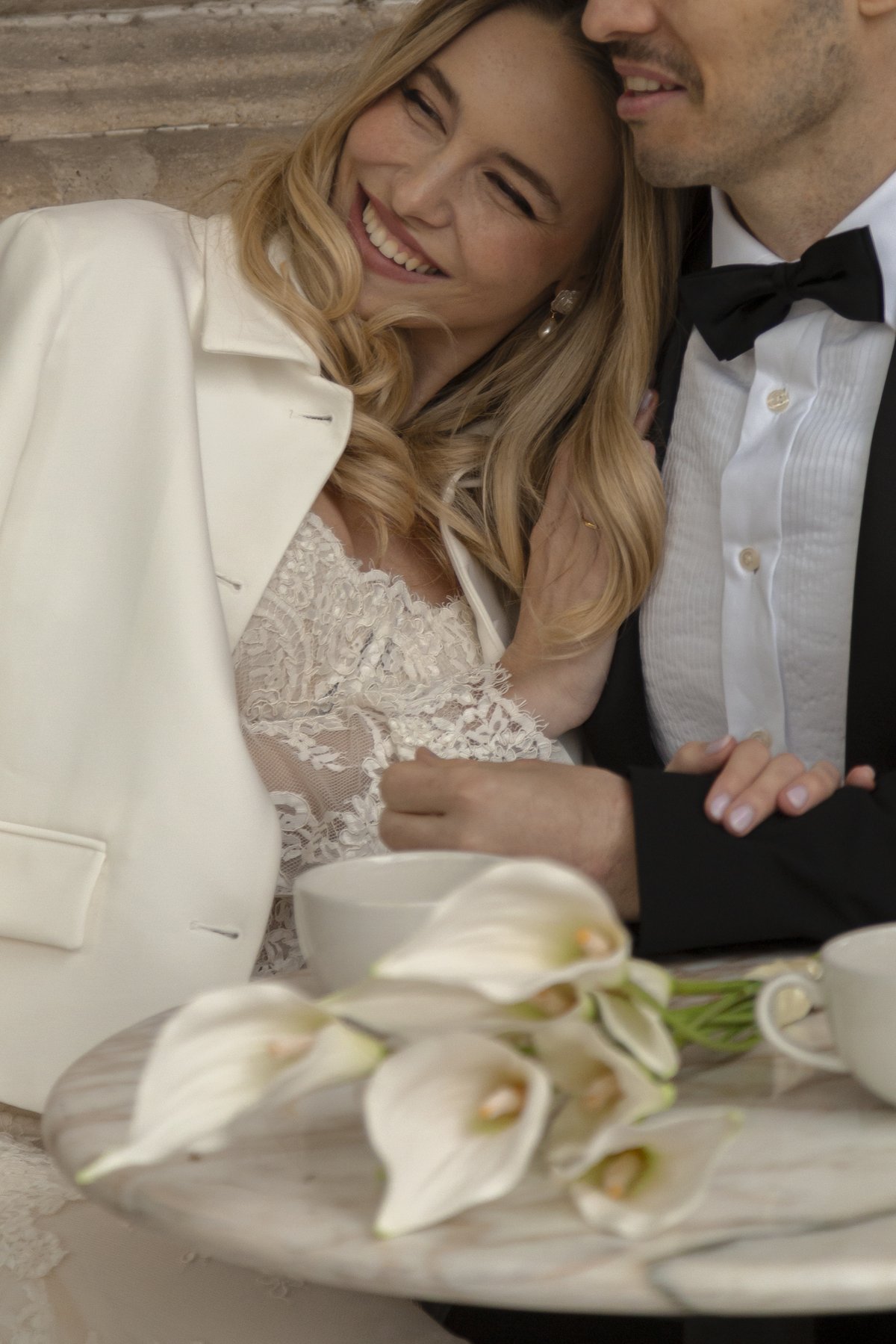 Slavic Bridal Beauty Closeup with Calla Bouquet